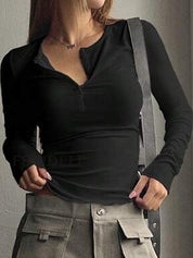 Solid Color Breasted V Neck Slim Long Sleeve Knit