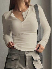 Solid Color Breasted V Neck Slim Long Sleeve Knit