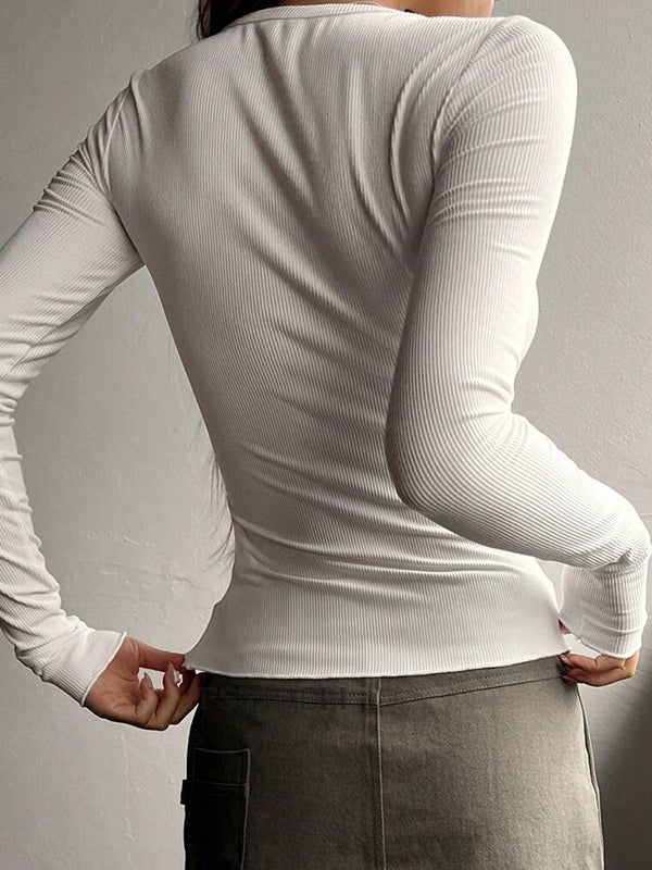 Solid Color Breasted V Neck Slim Long Sleeve Knit