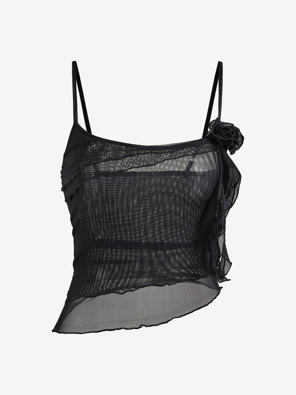 Irregular Ruffle Splice Flower Decor Mesh Cami Top