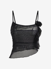 Irregular Ruffle Splice Flower Decor Mesh Cami Top