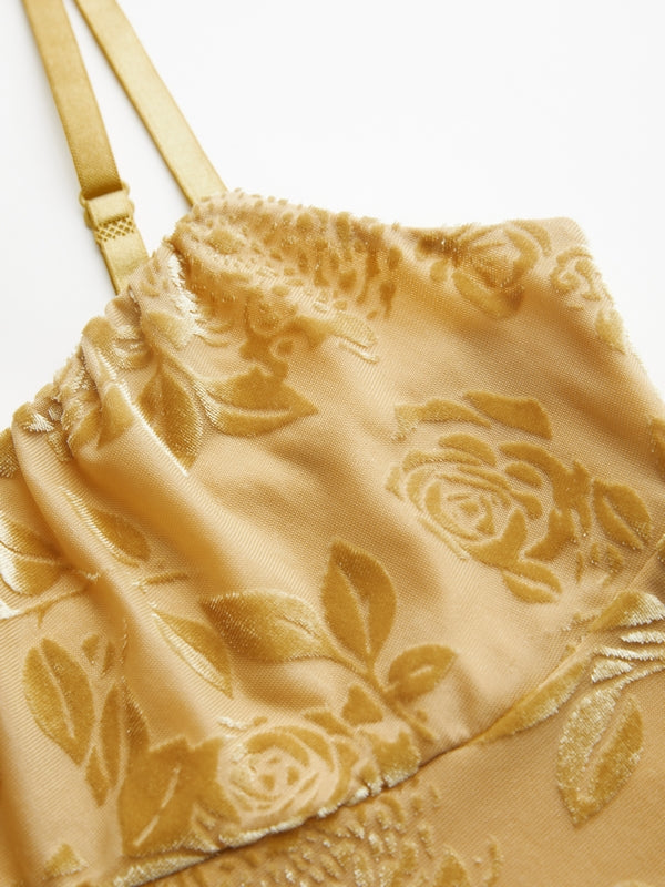 Velvet Floral Jacquard Bow Decor Cami Top