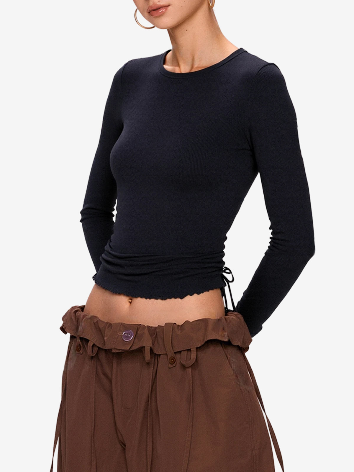 Solid Drawstring Lace Up Long Sleeve Knit