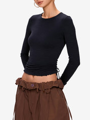 Solid Drawstring Lace Up Long Sleeve Knit