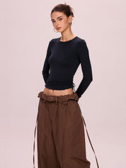 Solid Drawstring Lace Up Long Sleeve Knit