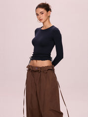 Solid Drawstring Lace Up Long Sleeve Knit