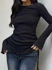 Solid Drawstring Lace Up Long Sleeve Knit