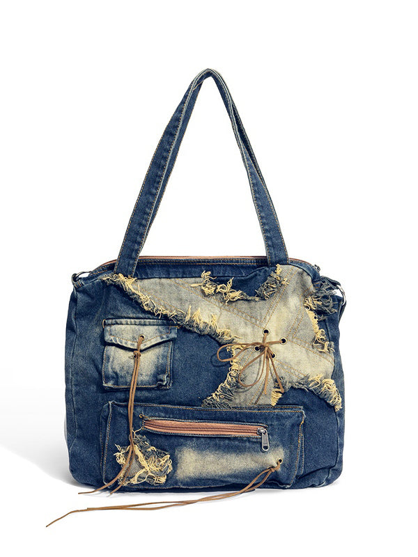 Vintage Distressed Raw Flap Zip Up Detail Shoulder Bag