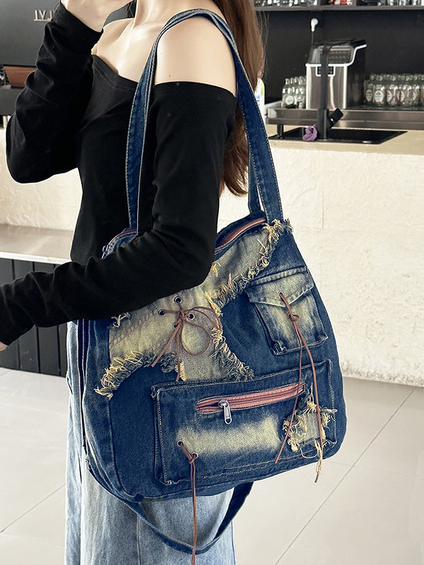 Vintage Distressed Raw Flap Zip Up Detail Shoulder Bag