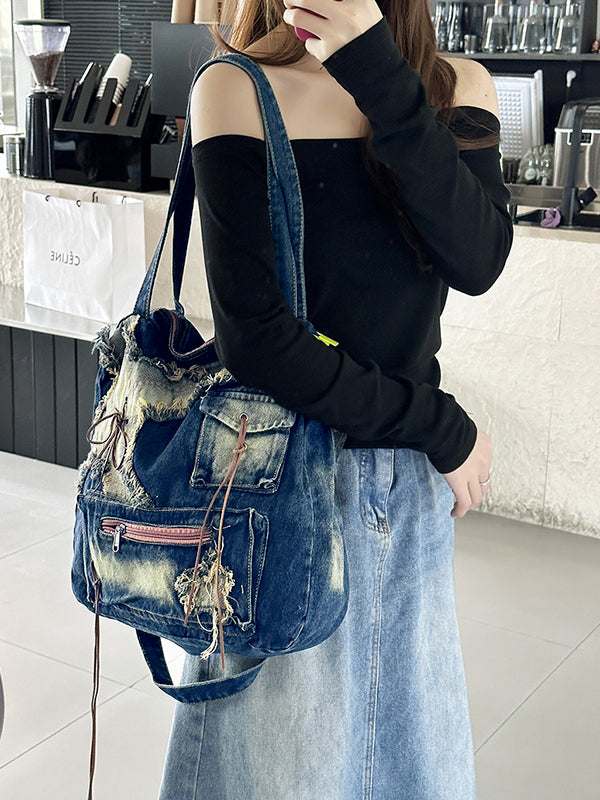 Vintage Distressed Raw Flap Zip Up Detail Shoulder Bag