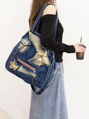 Vintage Distressed Raw Flap Zip Up Detail Shoulder Bag