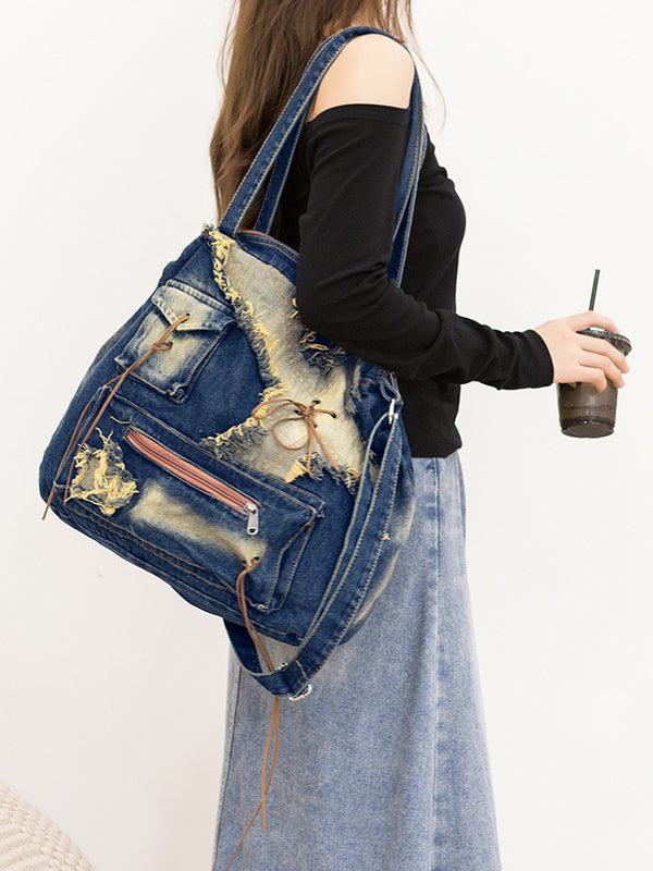 Vintage Distressed Raw Flap Zip Up Detail Shoulder Bag