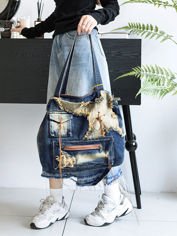 Vintage Distressed Raw Flap Zip Up Detail Shoulder Bag