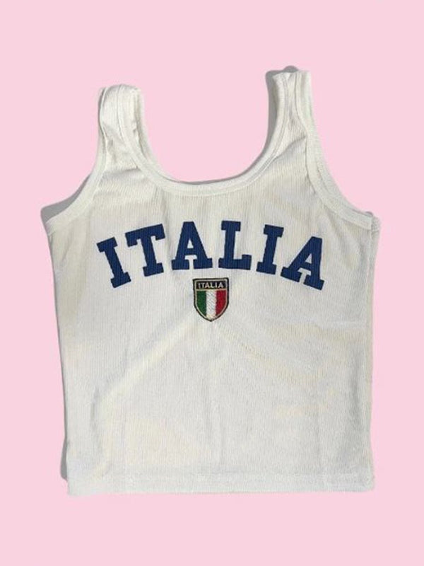 Letter Print Embroidery U Neck Tank Top