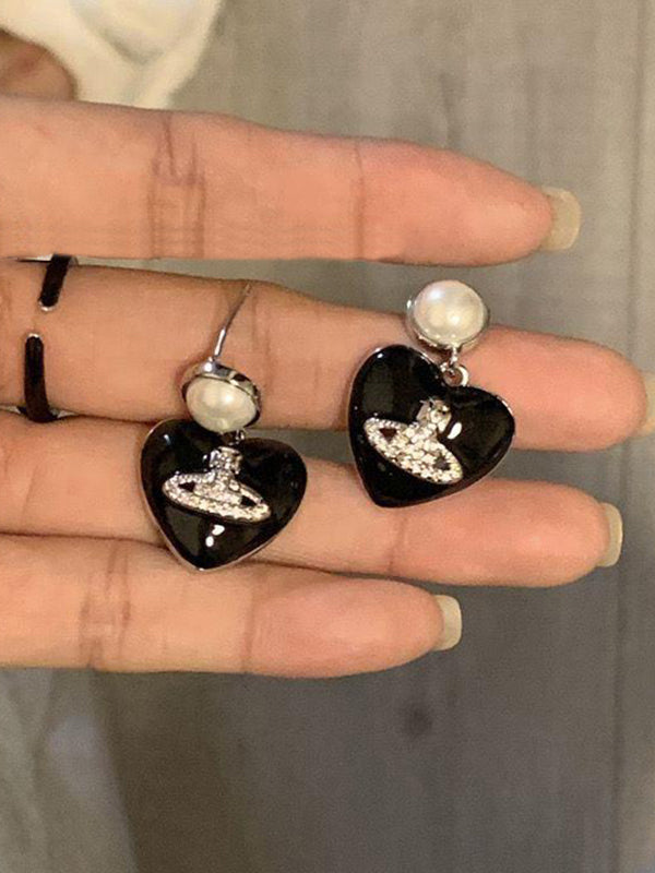 Black Heart With Diamond Earring