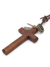 Wooden Cross Pendant Leather Necklace