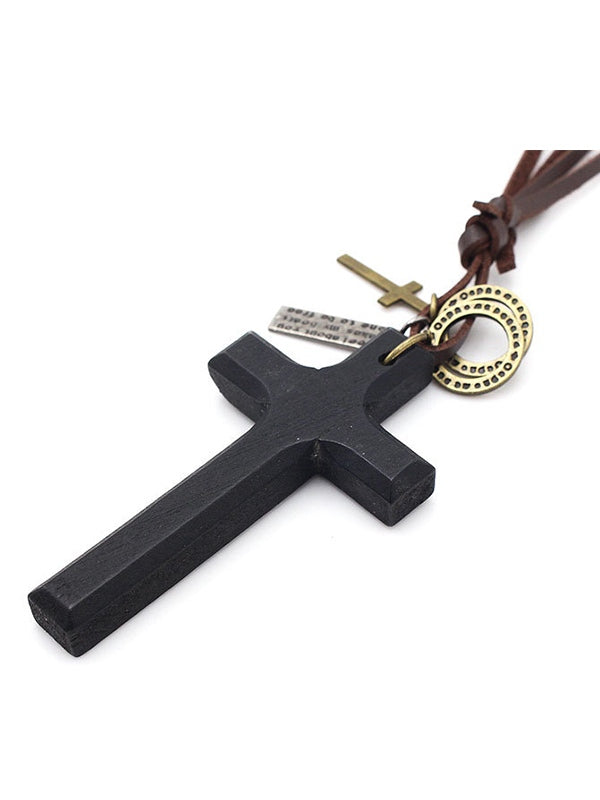 Wooden Cross Pendant Leather Necklace