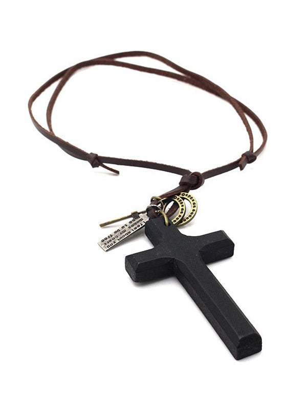 Wooden Cross Pendant Leather Necklace