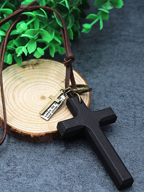 Wooden Cross Pendant Leather Necklace