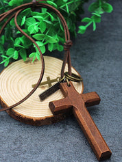 Wooden Cross Pendant Leather Necklace