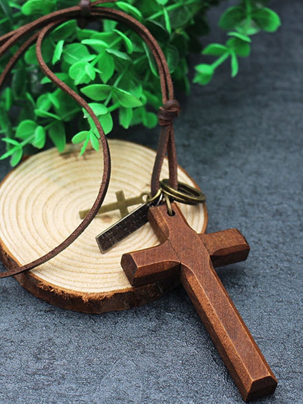 Wooden Cross Pendant Leather Necklace