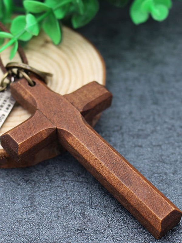 Wooden Cross Pendant Leather Necklace