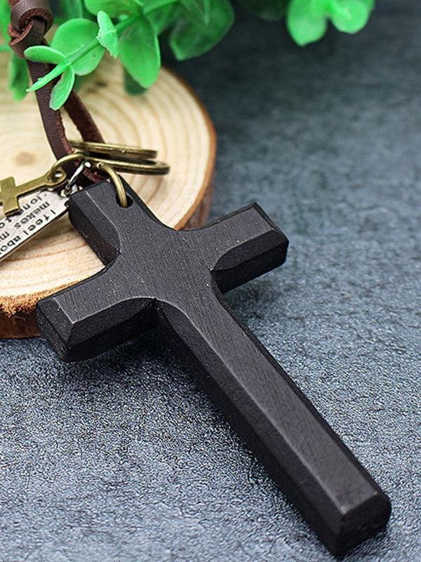 Wooden Cross Pendant Leather Necklace