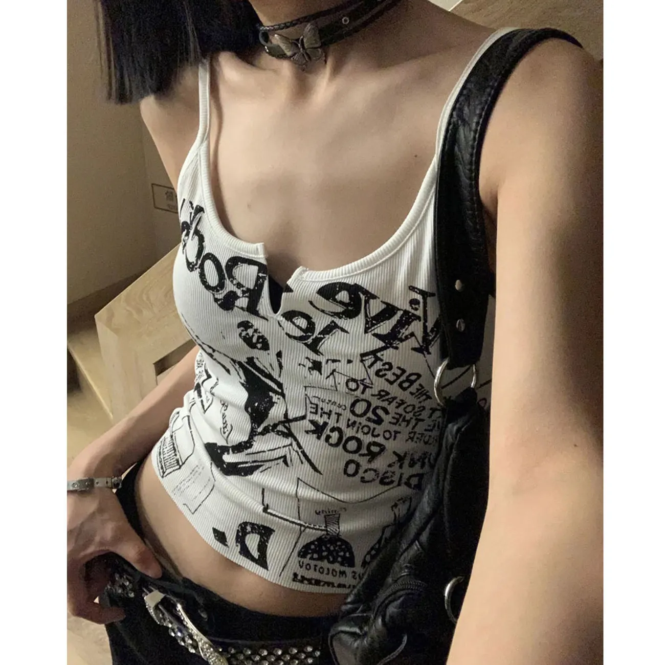 Graffiti Print Notched Neck Cami Top