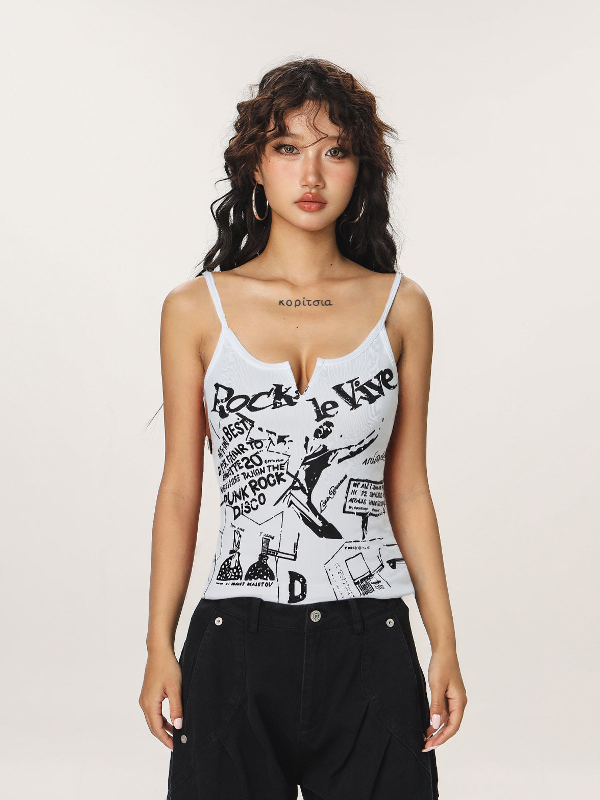Graffiti Print Notched Neck Cami Top