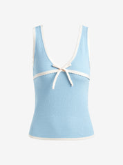 Contrast Color Stitching V Neck Bow Tank Top