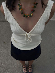 Contrast Color Stitching V Neck Bow Tank Top