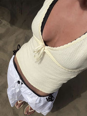 Contrast Color Stitching V Neck Bow Tank Top