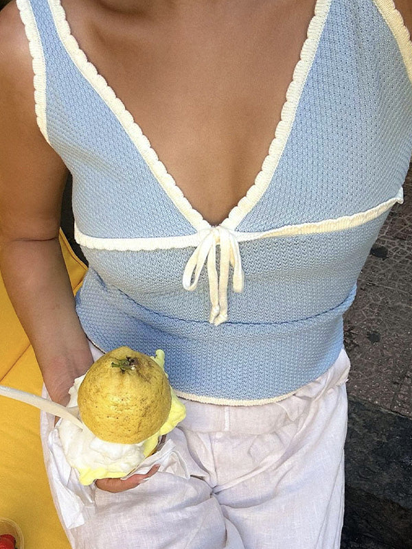 Contrast Color Stitching V Neck Bow Tank Top