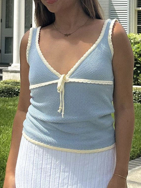 Contrast Color Stitching V Neck Bow Tank Top