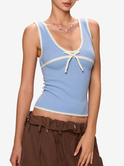 Contrast Color Stitching V Neck Bow Tank Top