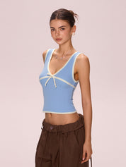 Contrast Color Stitching V Neck Bow Tank Top