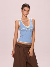 Contrast Color Stitching V Neck Bow Tank Top
