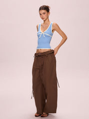 Contrast Color Stitching V Neck Bow Tank Top