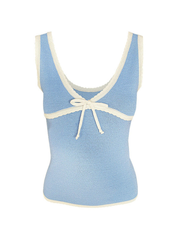 Contrast Color Stitching V Neck Bow Tank Top