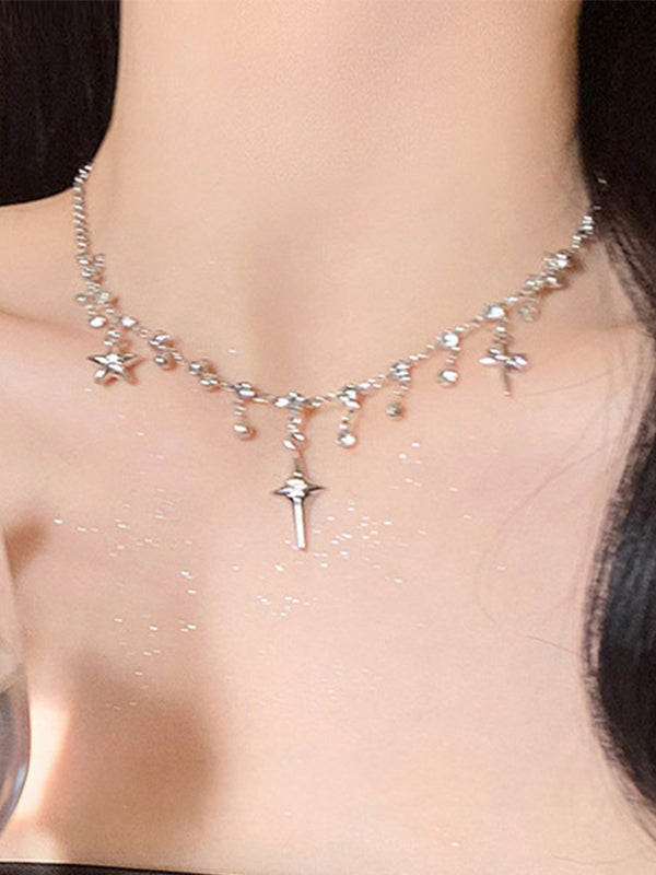 Silver Star Water Drop Rhinestone Necklace
