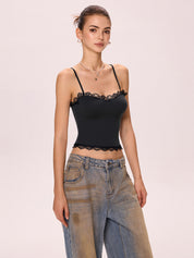 Lace Paneling Black Slim Fit Cami Top