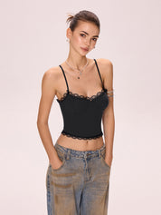 Lace Paneling Black Slim Fit Cami Top