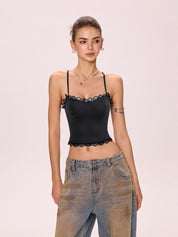 Lace Paneling Black Slim Fit Cami Top