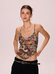 Mesh Butterfly Print Slim Fit Cami Top