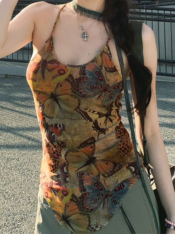 Mesh Butterfly Print Slim Fit Cami Top