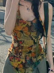 Mesh Butterfly Print Slim Fit Cami Top