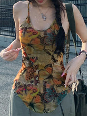 Mesh Butterfly Print Slim Fit Cami Top