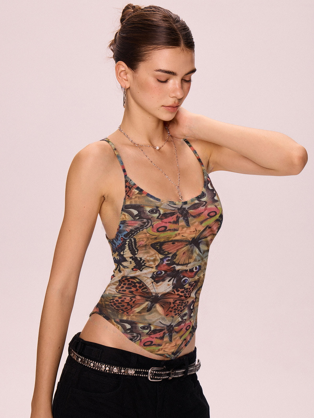 Mesh Butterfly Print Slim Fit Cami Top
