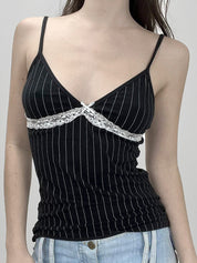 Lace Patchwork Striped V Neck Cami Top