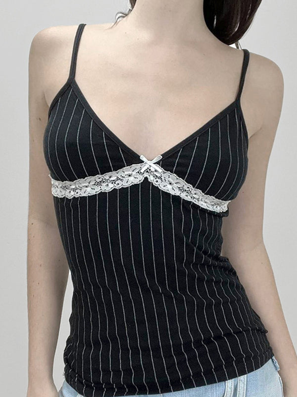 Lace Patchwork Striped V Neck Cami Top